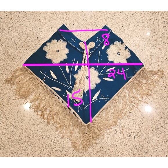 Vintage Youth 70s Embroidered Mexican Poncho/Cape Wool Tassel Fringe Teal - Picture 8 of 8